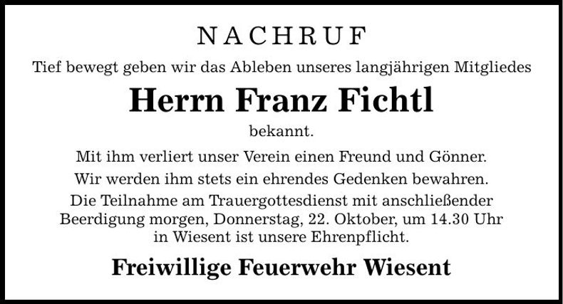 Traueranzeige Franz Fichtl