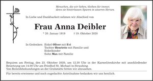 Traueranzeige Anna Deibler
