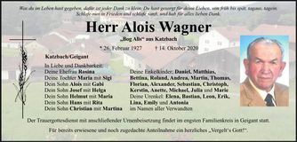 Traueranzeige Alois Wagner