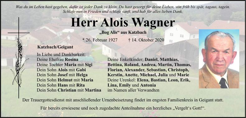 Traueranzeige Alois Wagner