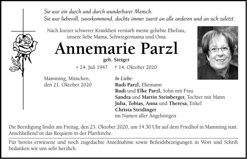 Traueranzeige Annemarie Parzl