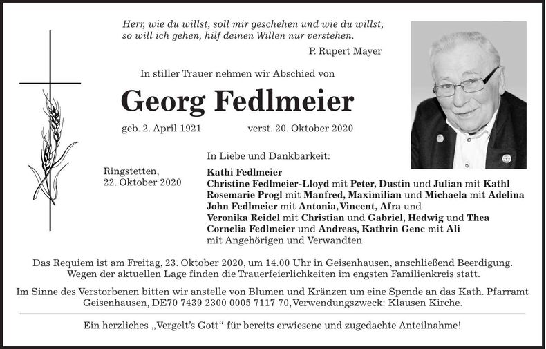 Traueranzeige Georg Fedlmeier