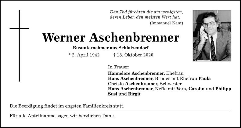 Traueranzeige Aschenbrenner Werner