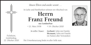 Traueranzeige Franz Freund