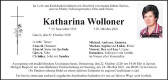 Traueranzeige Katharina Wolloner