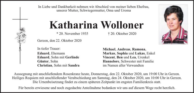 Traueranzeige Katharina Wolloner
