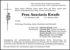Traueranzeige Anastasia Kwade