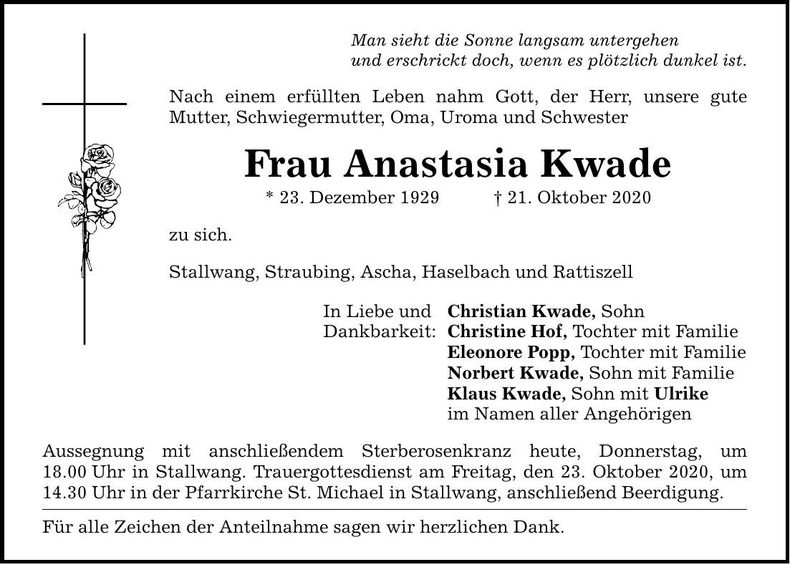 Traueranzeige Anastasia Kwade
