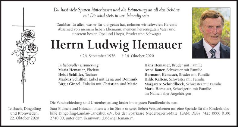 Traueranzeige Ludwig Hemauer