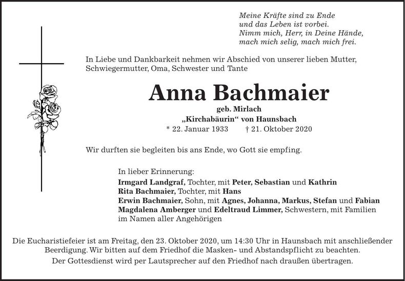 Traueranzeige Anna Bachmaier