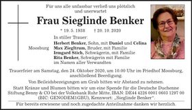 Traueranzeige Sieglinde Benker