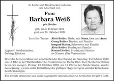 Traueranzeige Barbara Weiß