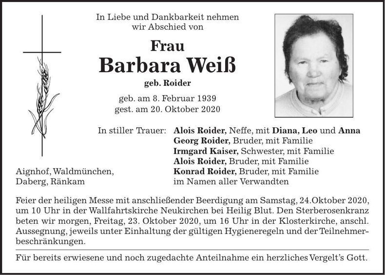 Traueranzeige Barbara Weiß