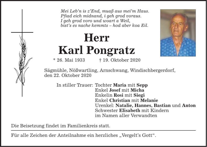 Traueranzeige Karl Pongratz