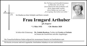 Traueranzeige Irmgard Arthuber