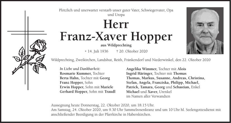 Traueranzeige Franz-Xaver Hopper