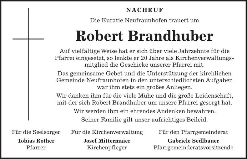 Traueranzeige Robert Brandhuber
