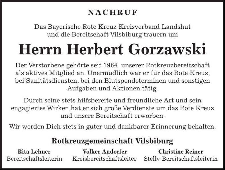 Traueranzeige Herbert Gorzawski