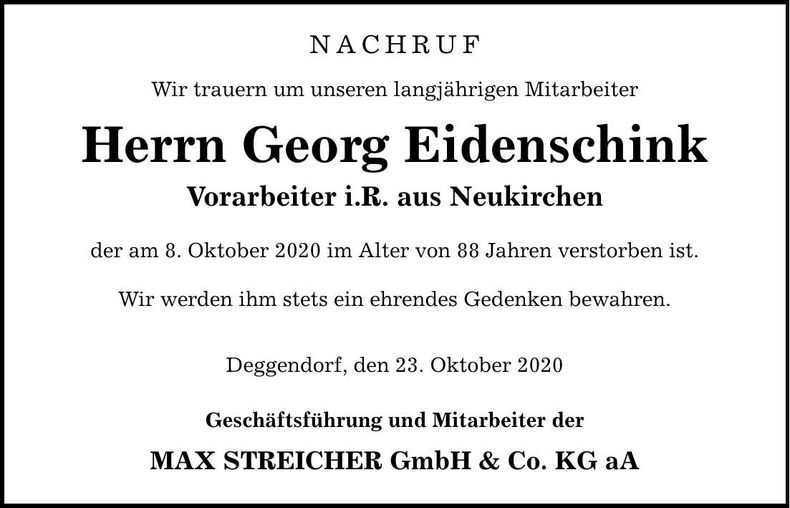 Traueranzeige Georg Eidenschink