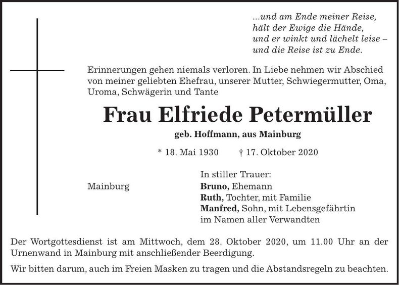Traueranzeige Elfriede Petermüller