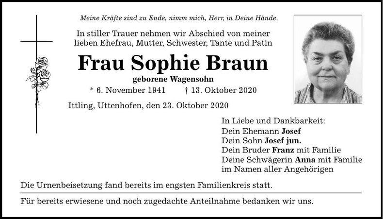 Traueranzeige Sophie Braun