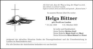 Traueranzeige Helga Bittner