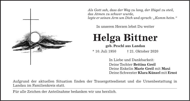 Traueranzeige Helga Bittner