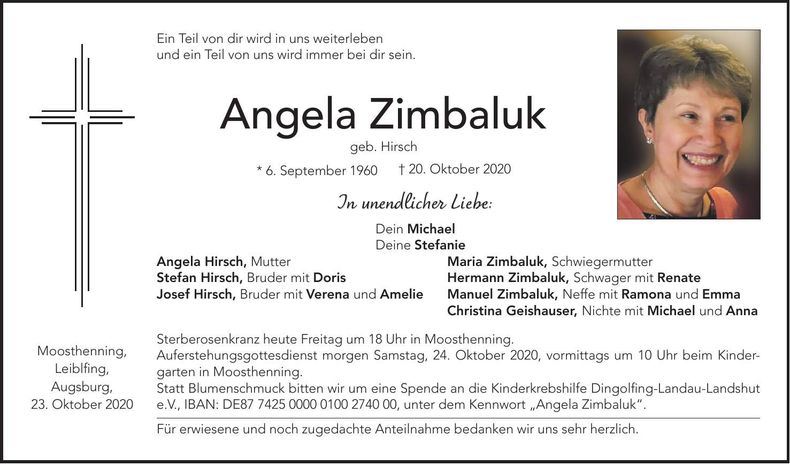 Traueranzeige Angela Zimbaluk