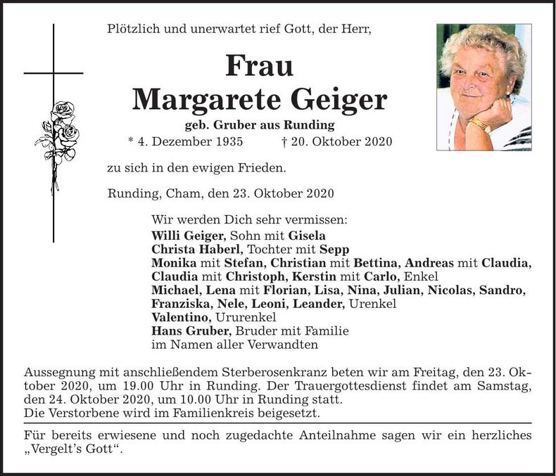 Traueranzeige Margarete Geiger
