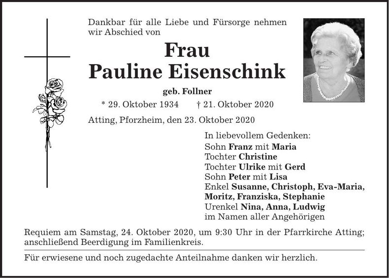 Traueranzeige Pauline Eisenschink