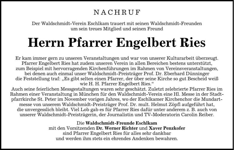 Traueranzeige Engelbert Ries
