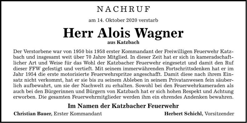 Traueranzeige Alois Wagner