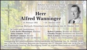 Traueranzeige Alfred Wanninger