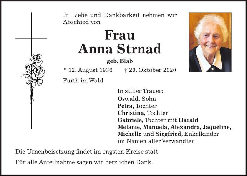 Traueranzeige Anna Strnad