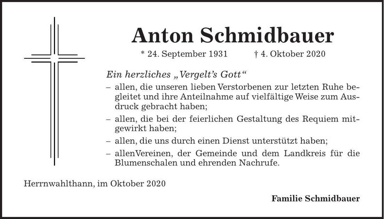 Traueranzeige Anton Schmidbauer