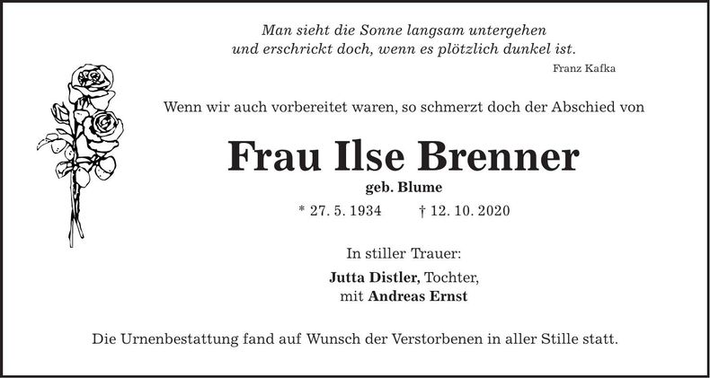 Traueranzeige Ilse Brenner
