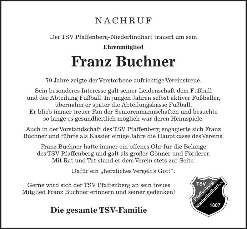 Traueranzeige Franz Buchner