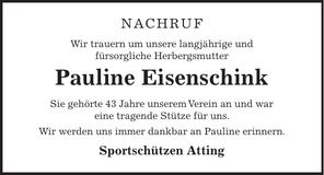 Traueranzeige Pauline Eisenschink
