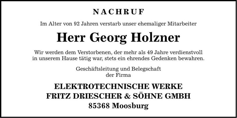 Traueranzeige Georg Holzner