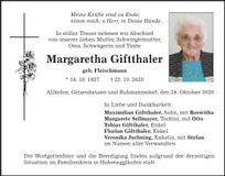 Traueranzeige Margaretha Giftthaler