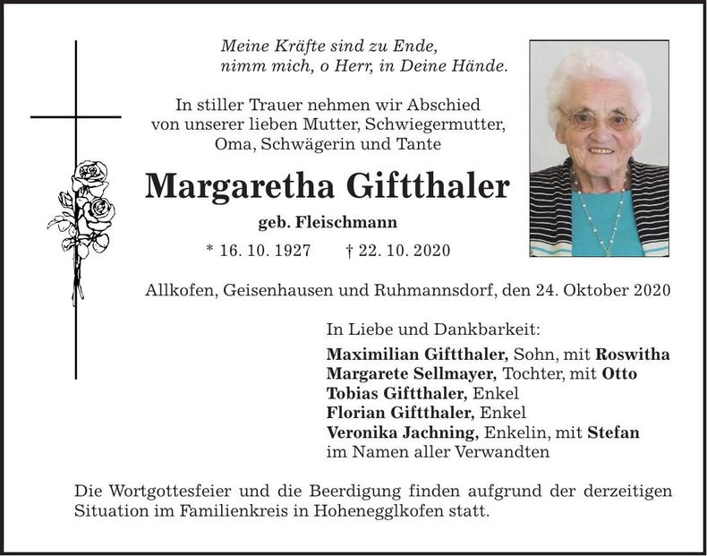 Traueranzeige Margaretha Giftthaler