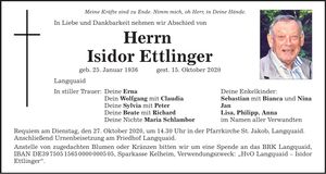 Traueranzeige Isidor Ettlinger