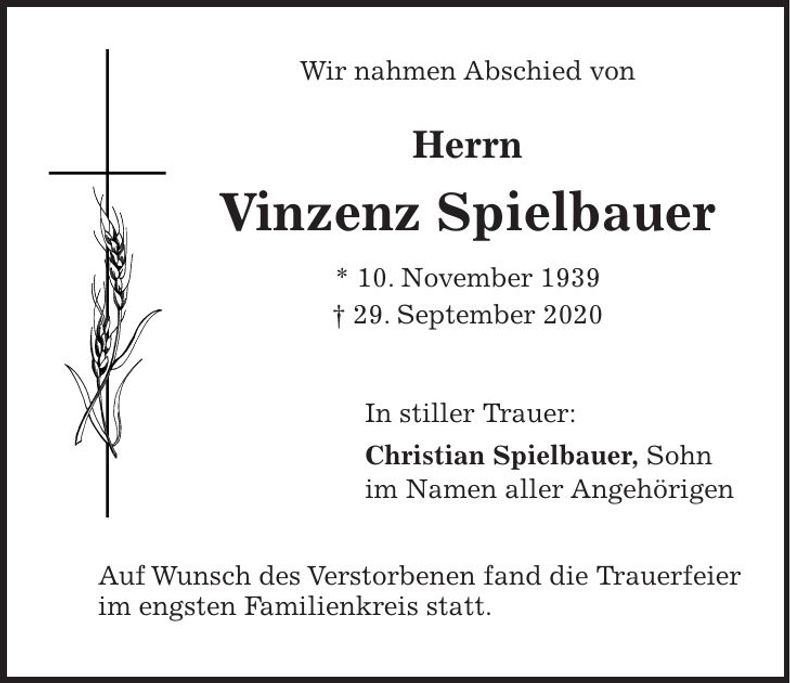 Traueranzeige Vinzenz Spielbauer