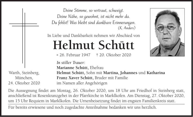 Traueranzeige Helmut Schütt
