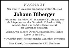 Traueranzeige Johann Biberger