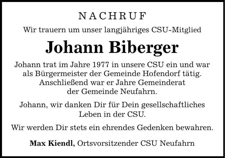 Traueranzeige Johann Biberger