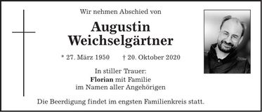 Traueranzeige Augustin Weichselgärtner
