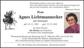 Traueranzeige Agnes Lichtmannecker
