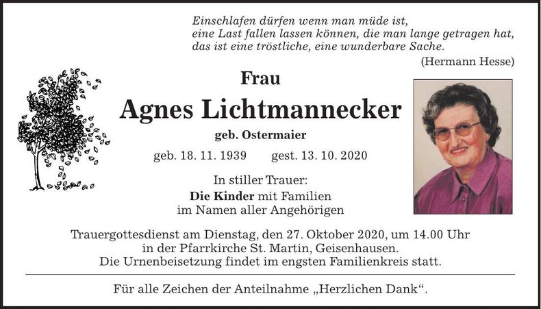 Traueranzeige Agnes Lichtmannecker