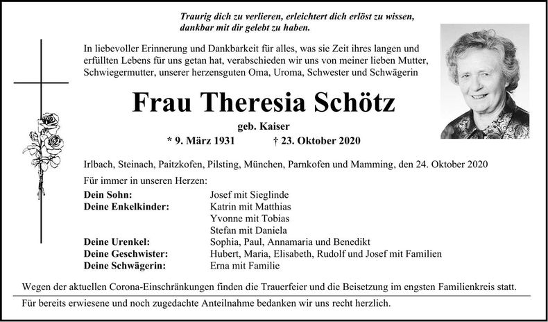 Traueranzeige Theresia Schötz